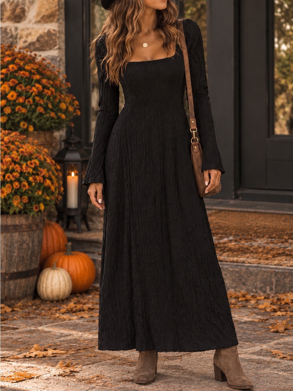 Black Maxi Dress Medium Gothic Witchy Square Neck Corset Back